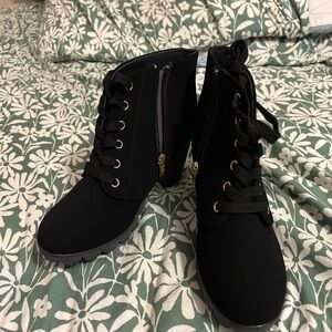 SHEIN Black Lace Up Boots with Gold Accents
